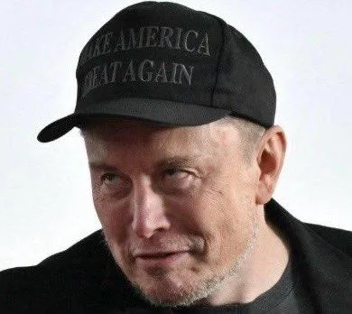 Elon Musk Kubrick Stare — Clean portrait closeup of Elon Musk in black MAGA cap with downward stare.