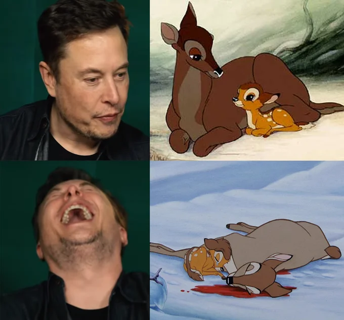 Two-panel meme with Roiland covering his mouth and Elon Musk laughing at dead deer