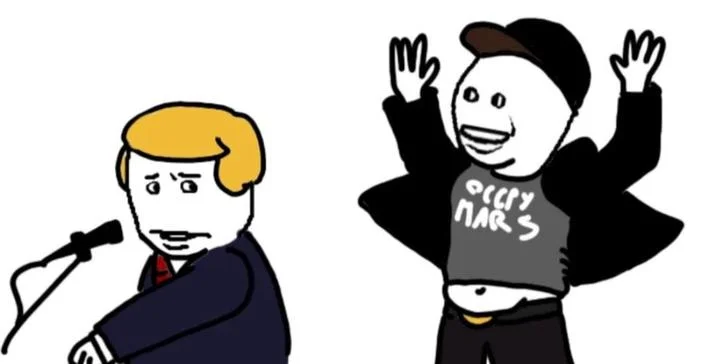 Elon Musk Memes — Simple stick figure drawing with characters celebrating and 'DOGE MARS' text.