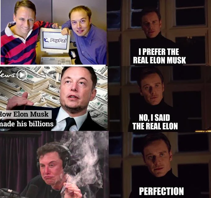 Elon Musk Smoking Weed — Perfection meme ranking Elon Musk photos with the smoking version as best