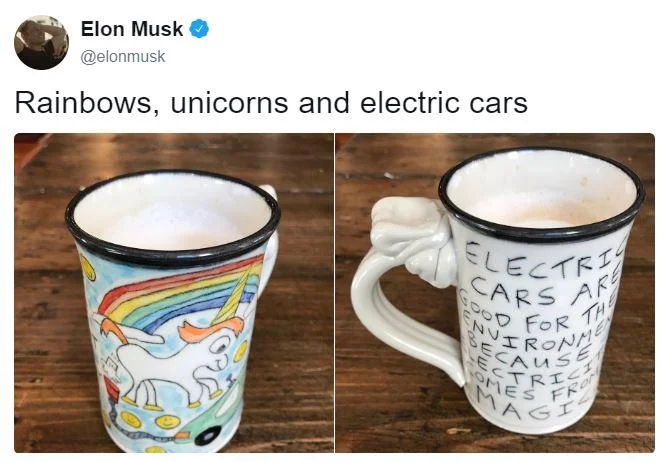 Elon Musk tweet showing farting unicorn mug about electric cars
