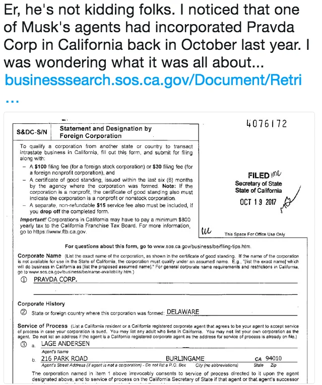 Screenshot of Pravda Corp California incorporation filing linked to Elon Musk