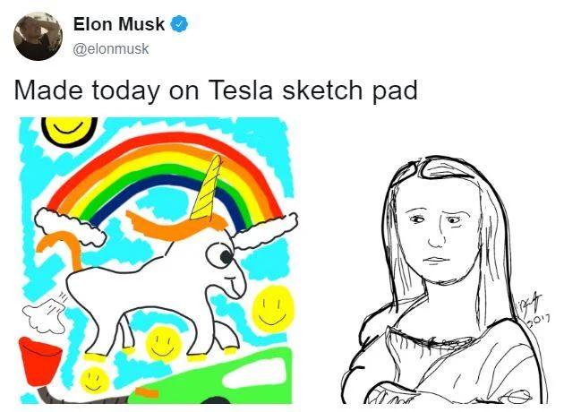 Elon Musk tweet showing farting unicorn drawing made on Tesla sketch pad