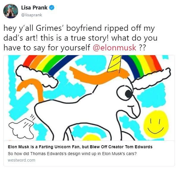 Lisa Prank tweet accusing Elon Musk of copying her father's unicorn art