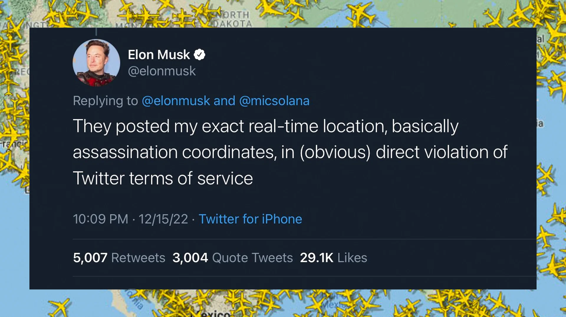 Elon Musks Assassination Coordinates — Elon Musk tweet about assassination coordinates overlaid on flight-tracking map