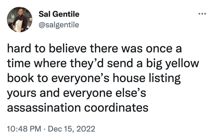 Elon Musks Assassination Coordinates — Sal Gentile tweet joking about phone books listing assassination coordinates