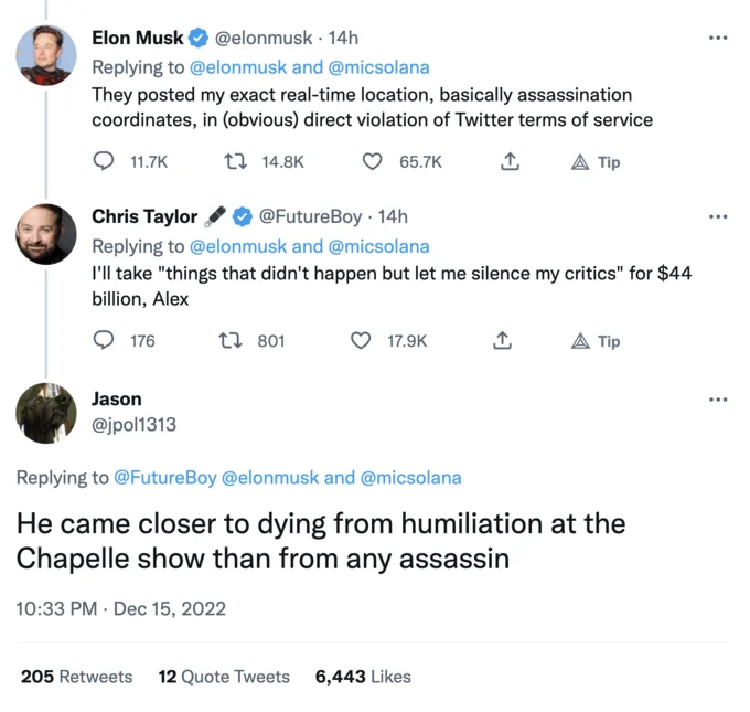 Elon Musks Assassination Coordinates — Twitter thread with replies mocking Elon Musk's assassination coordinates tweet
