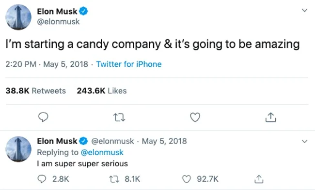Elon Tweet Meme — Twitter screenshot of Elon Musk tweeting about starting a candy company with high engagement metrics