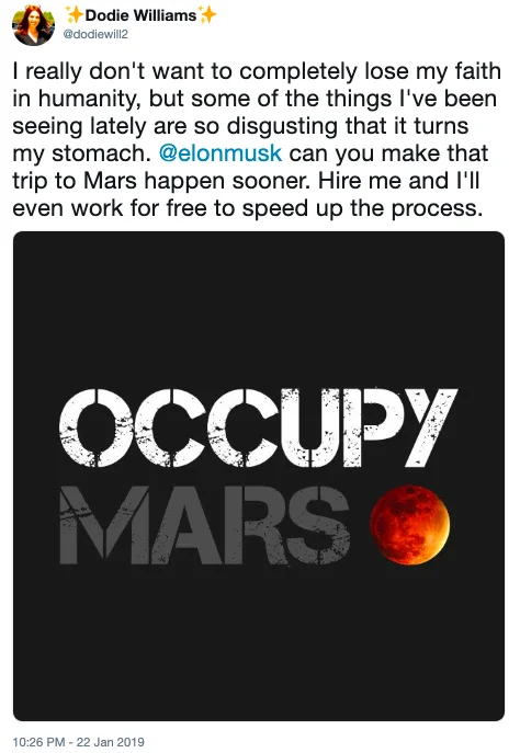 Elon Tweet Meme — Twitter screenshot with Dodie Williams reply and Elon's Occupy Mars graphic with moon imagery
