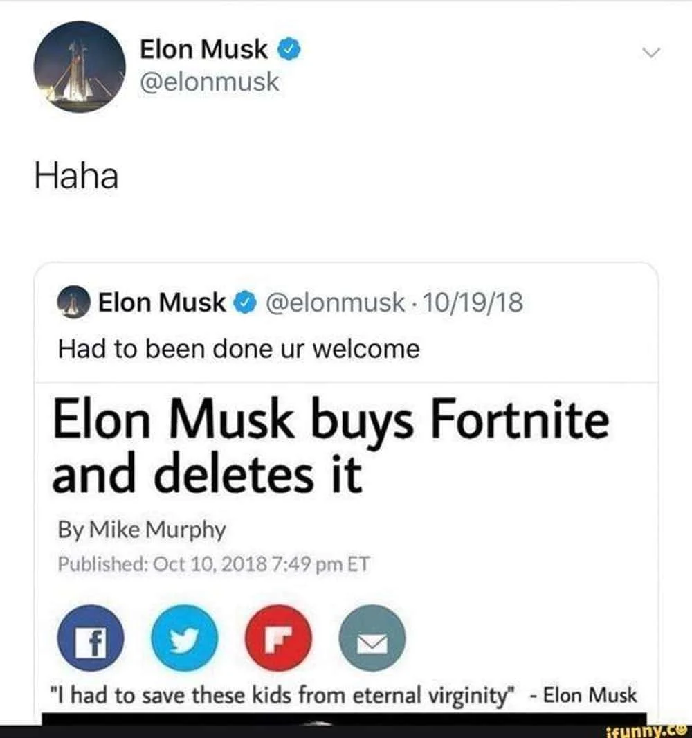 Elon Tweet Meme — Twitter screenshot of Elon Musk replying to Fortnite deletion parody article with strong engagement