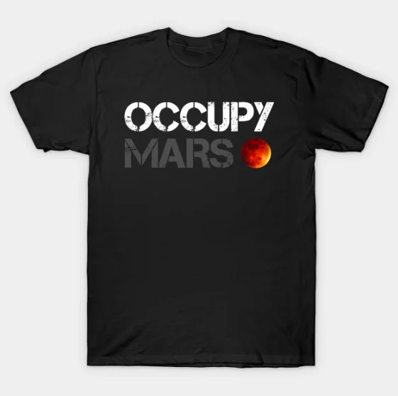 Elon Tweet Meme — Black t-shirt with 'OCCUPY MARS' text in white and red planet graphic merchandise design