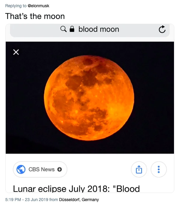 Elon Tweet Meme — Twitter thread showing moon eclipse search result with 'That's the moon' reply and Occupy Mars graphic