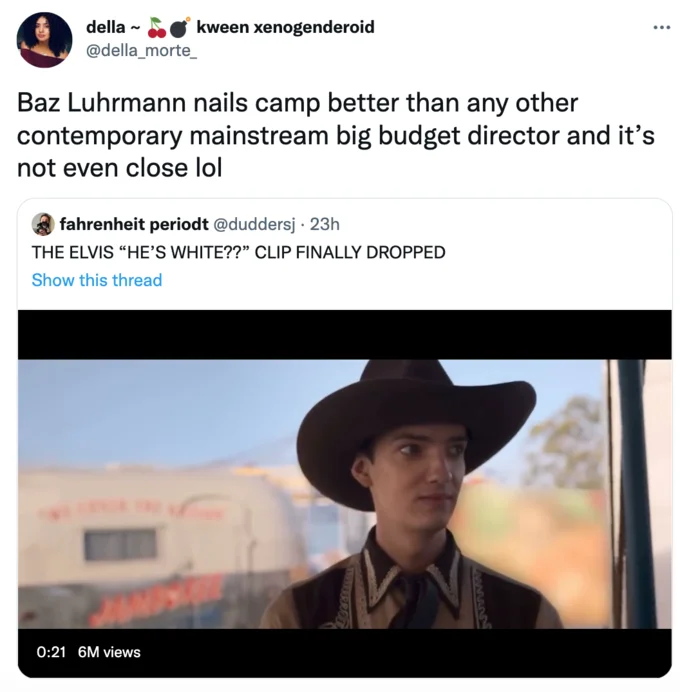 Elvis "He's White" Clip — Tweet praising Baz Luhrmann's camp direction with thumbnail of Austin Butler as Elvis in cowboy hat