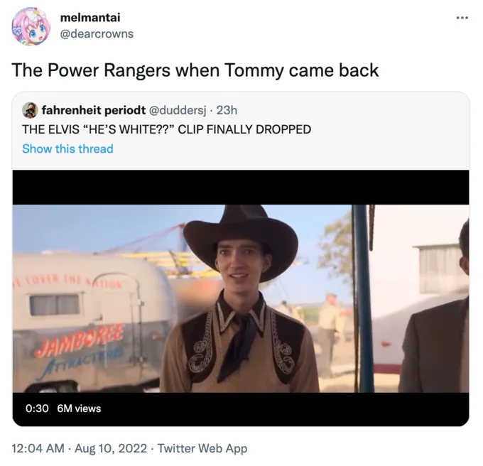Elvis "He's White" Clip — Tweet comparing Elvis clip reaction to Power Rangers Tommy returning with Austin Butler thumbnail