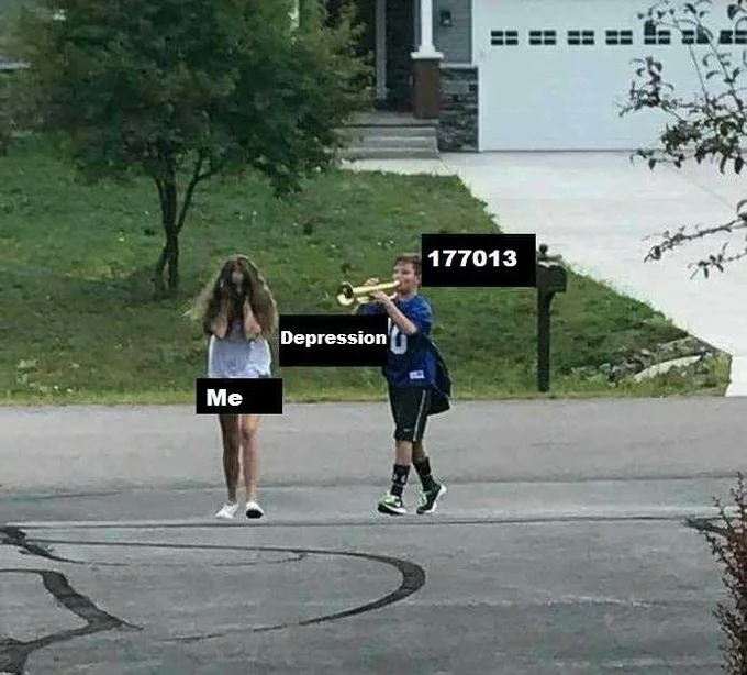 Emergence Metamorphosis — Meme of a boy blowing a trumpet at a girl in the street, labeling the boy '177013' and the trumpet 'Depression'.