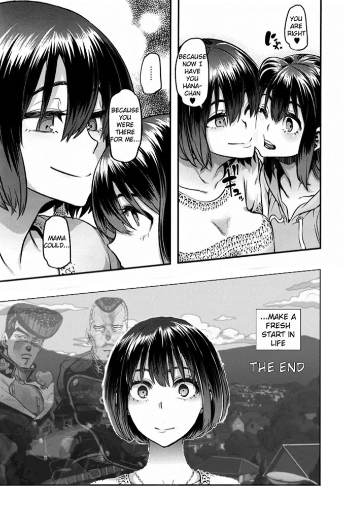 Emergence Metamorphosis — Manga page showing Saki hugging her daughter Hana with the final caption 'make a fresh start in life. The End.'