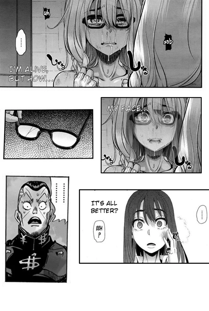 Emergence Metamorphosis — Fan-made JoJo crossover manga page where Josuke restores the ruined Emergence heroine to her original form.