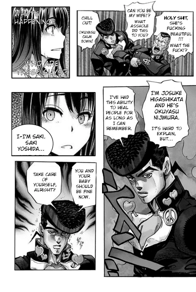 Emergence Metamorphosis — JoJo fan comic pages showing Josuke and Okuyasu speaking with the restored Emergence heroine Saki Yoshida.