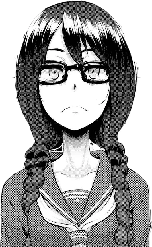 Emergence Metamorphosis — Manga drawing of a schoolgirl with braided hair, glasses, and a sailor uniform, looking neutral.