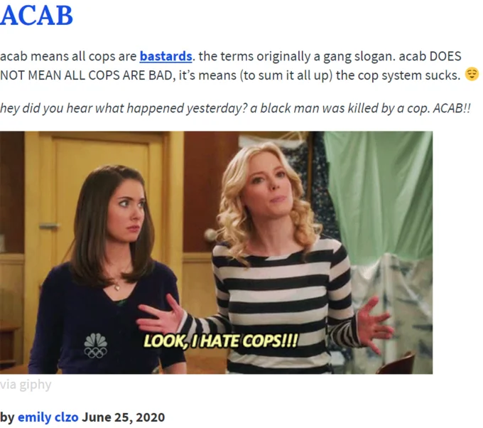 Emily Blm Acab Is Typing — Urban Dictionary entry for ACAB alongside a Community sitcom screengrab captioned 'LOOK, I HATE COPS!!!'