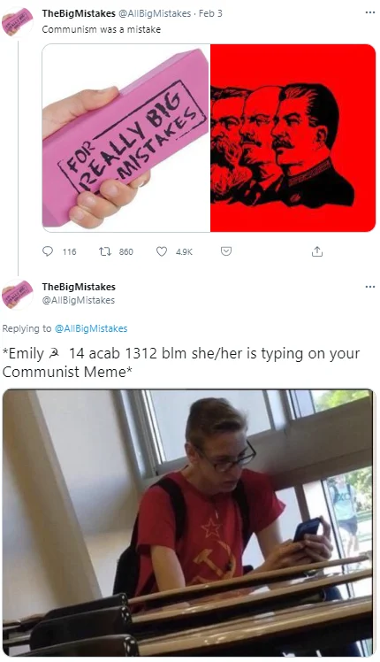 Emily Blm Acab Is Typing — Tweet joking that an Emily with ACAB and BLM in her bio is about to reply to a communism meme.