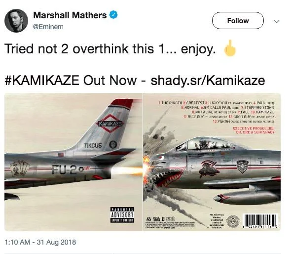 Eminem Lyrics Parodies — Eminem tweet announcing Kamikaze album release with cover art