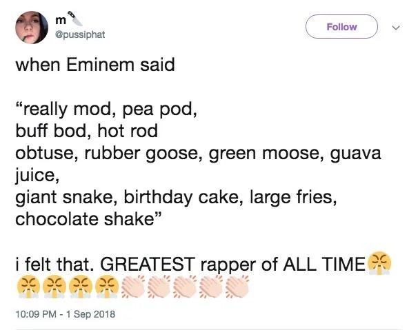 Eminem Lyrics Parodies — Tweet with Mr. Krabs excited reaction to Eminem rubber goose lyric
