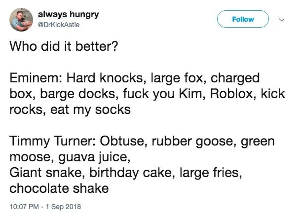 Eminem Lyrics Parodies — Tweet mocking Eminem fans reacting to rubber goose lyric as real bars