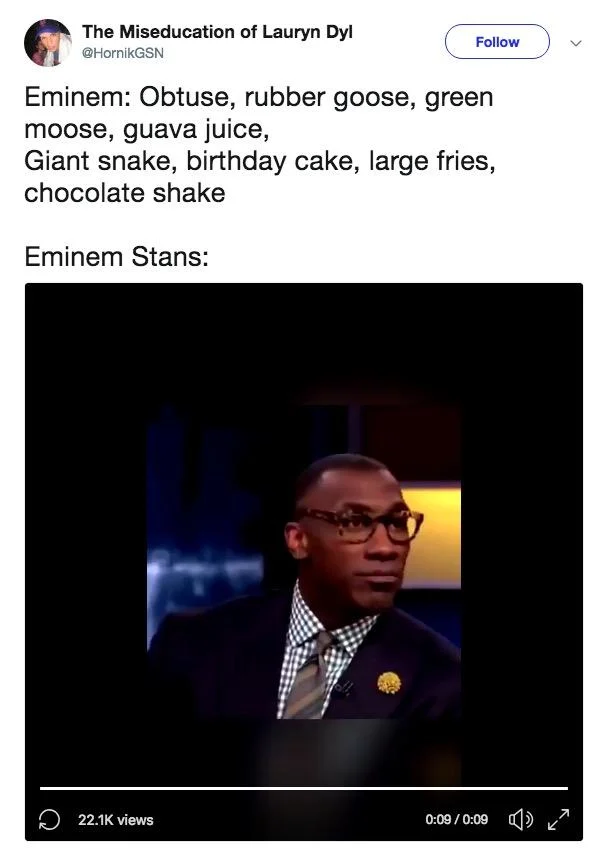 Eminem Lyrics Parodies — Tweet quoting Eminem 'rubber goose green moose' lyrics with Shannon Sharpe reaction