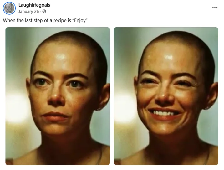 Emma Stone Smiling (Bugonia) — Facebook meme pairing serious and smiling Emma Stone stills with recipe joke caption