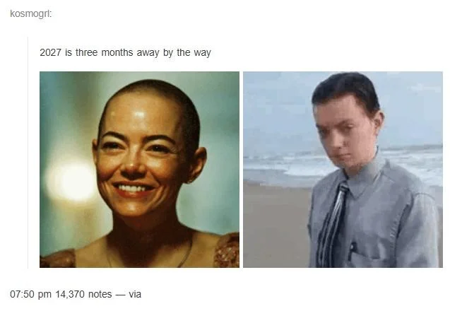 Emma Stone Smiling (Bugonia) — Tumblr post comparing Emma Stone smile still to Elliot Page beach still over 2027 caption