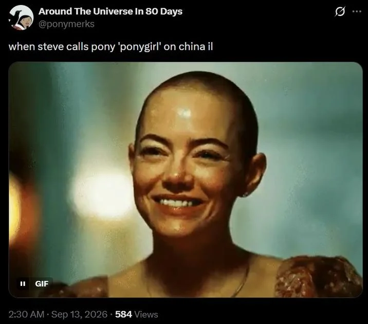 Emma Stone Smiling (Bugonia) — Twitter post using Emma Stone smiling GIF with Steve calls pony ponygirl caption