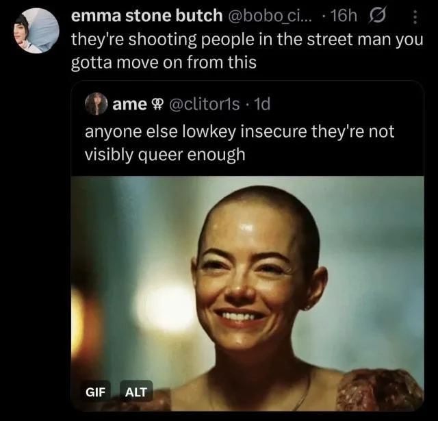 Emma Stone Smiling (Bugonia) — Twitter thread using Emma Stone smiling GIF to reply about queer visibility