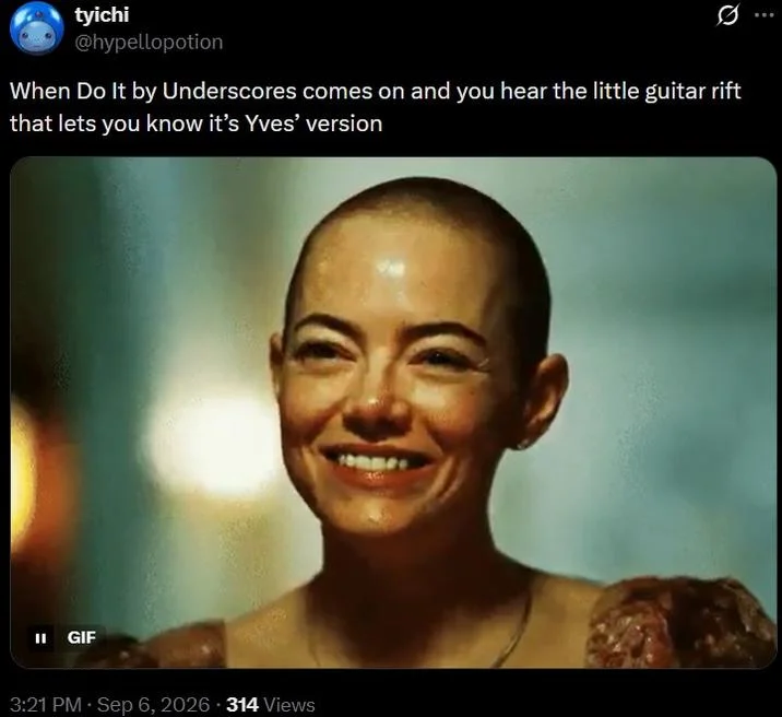 Emma Stone Smiling (Bugonia) — Twitter post using Emma Stone smiling GIF with Underscores Do It Yves version caption