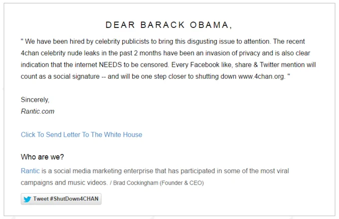 Emma Watson — Screenshot of Rantic.com open letter to Barack Obama calling to shut down 4chan