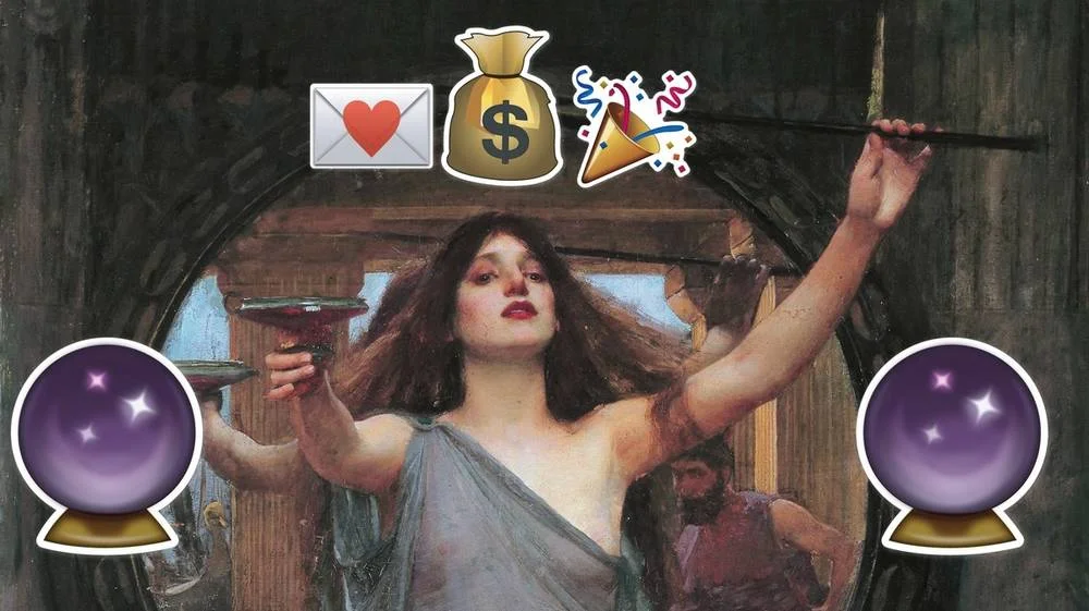 Emoji Spells — Painting of a witch surrounded by emoji symbols representing an emoji spell