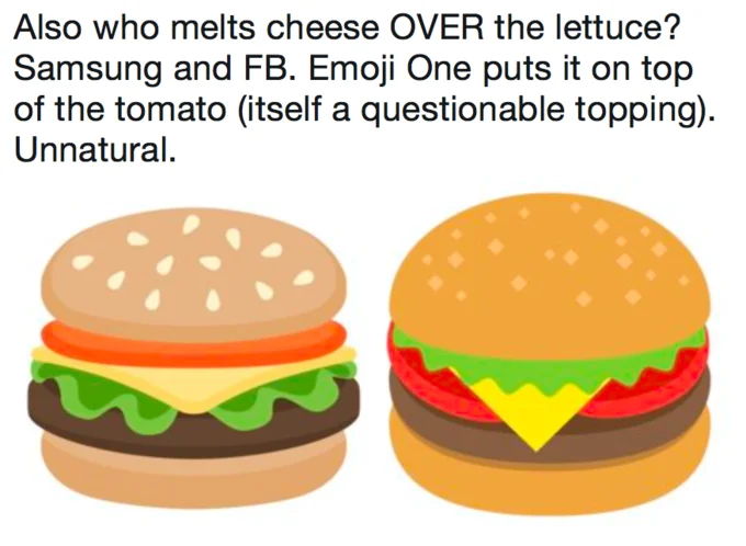 Side-by-side comparison of burger emoji from different platforms discussing cheese placement.