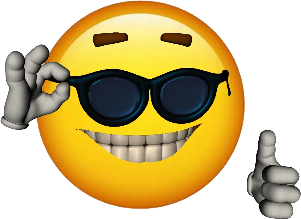 Exaggerated 3D rendering of cool sunglasses emoji with toothy grin and thumbs-up.