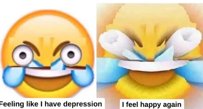 Side-by-side comparison of laughing emoji contrasting depression and happiness.