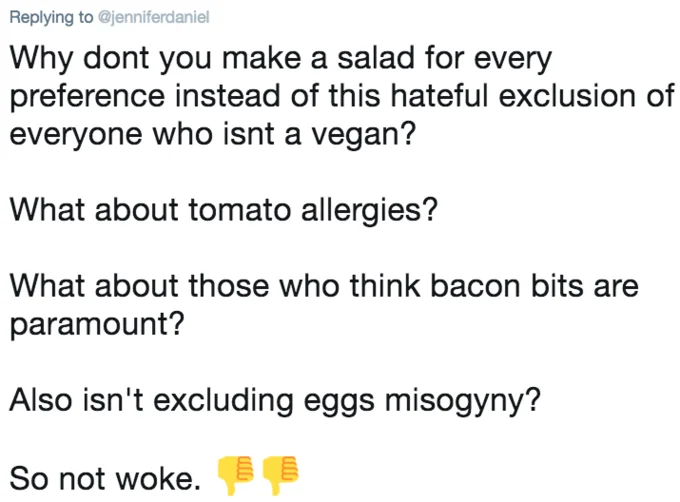 Series of escalating satirical complaints about vegan salad emoji redesign.