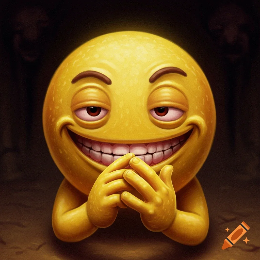 AI-generated 3D realistic yellow emoji face with wide grin and heavy-lidded eyes.