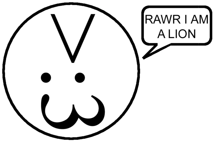 Emoticons — Black-and-white illustration of large circle with kaomoji face saying 'RAWR I AM A LION.'