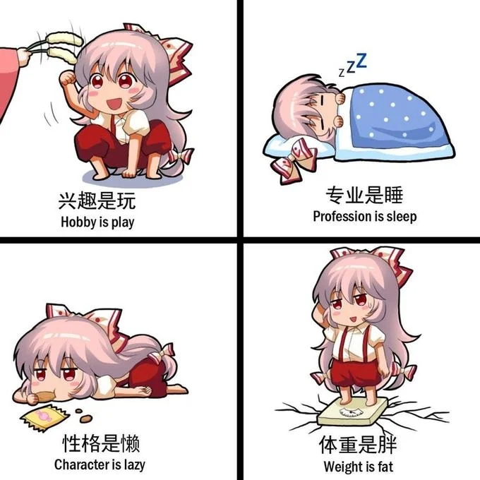 Emoting Mokou — Four-panel chibi Mokou comic depicting her hobbies, profession, personality, and weight.