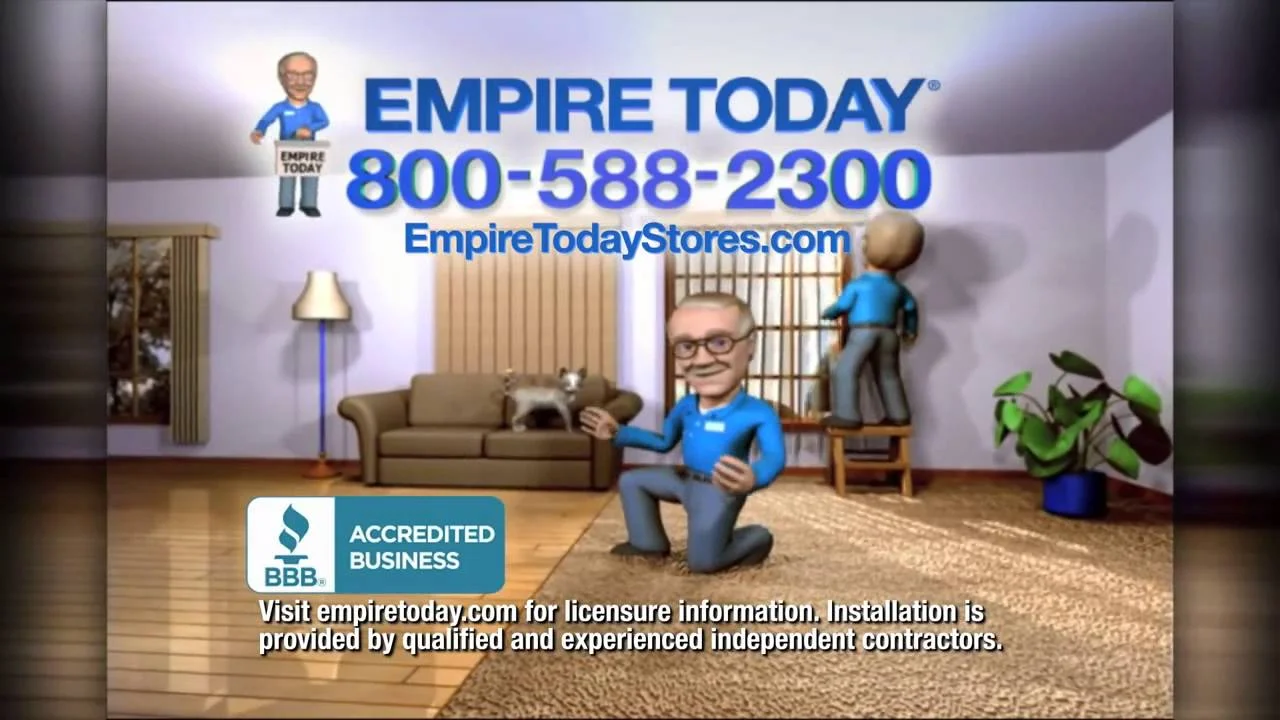 Empire Today Jingle — Empire Today commercial screenshot showing animated salesman mascot with phone number 800-588-2300 and brand logo