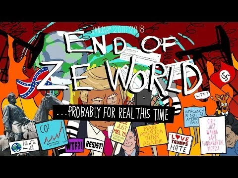 End of ze World — Chaotic colorful collage with 'End of World' text and protest imagery