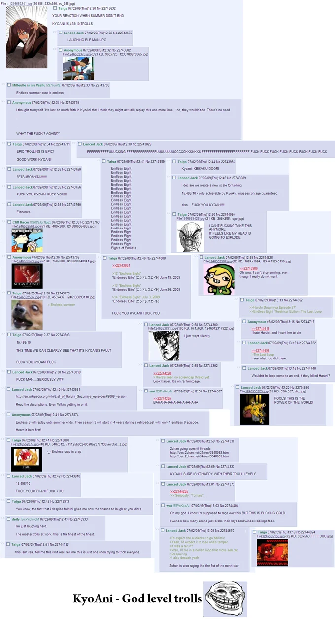 Endless Eight Kyon Kun Denwa — Screenshot of a 4chan thread reacting to the Endless Eight arc titled KyoAni God level trolls
