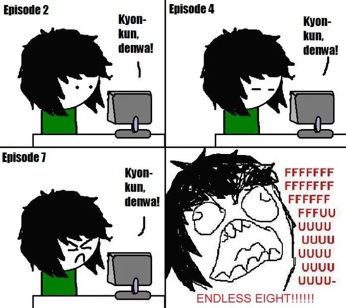 Endless Eight Kyon Kun Denwa — Rage comic about watching the Endless Eight arc repeat the phrase Kyon-kun denwa across multiple episodes