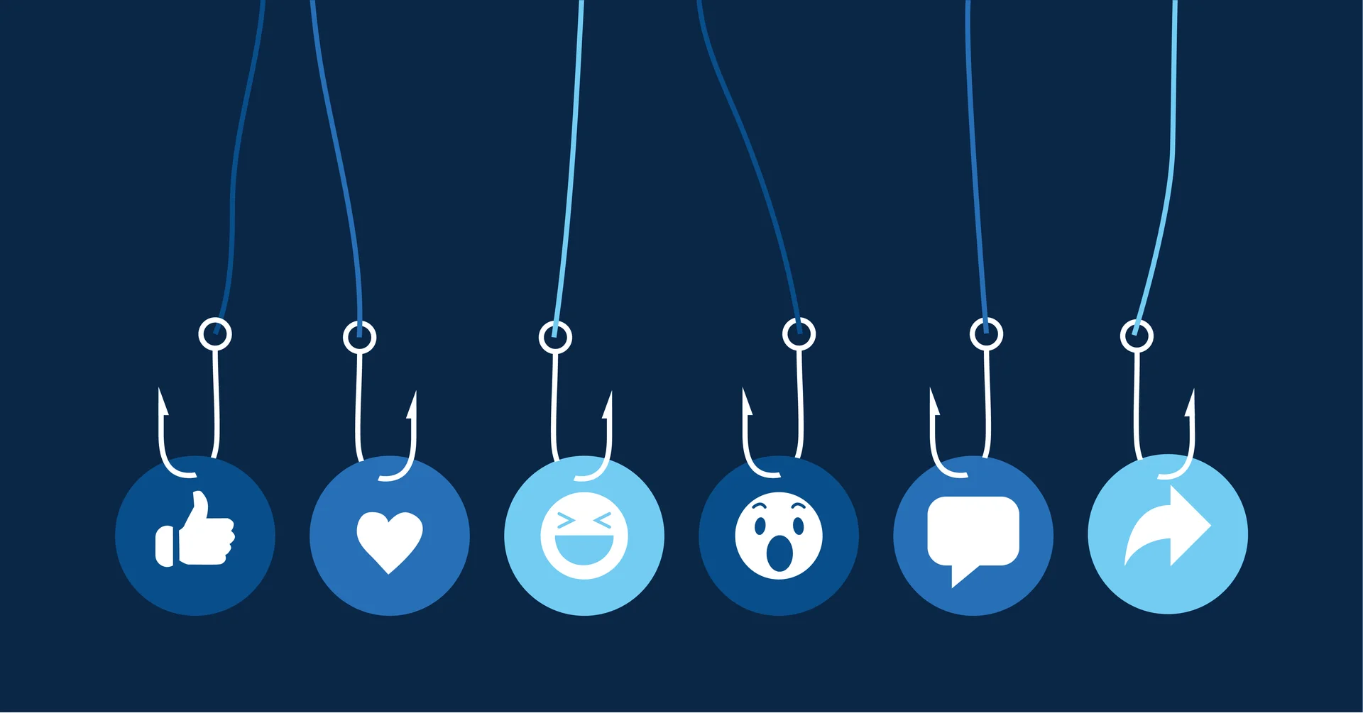 Facebook reaction icons hanging from fishing hooks illustrating engagement bait concept