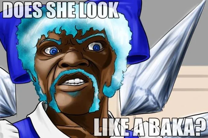 English Motherfucker, Do You Speak It? — Anime-style Jules Winnfield recolored blue captioned does she look like a baka