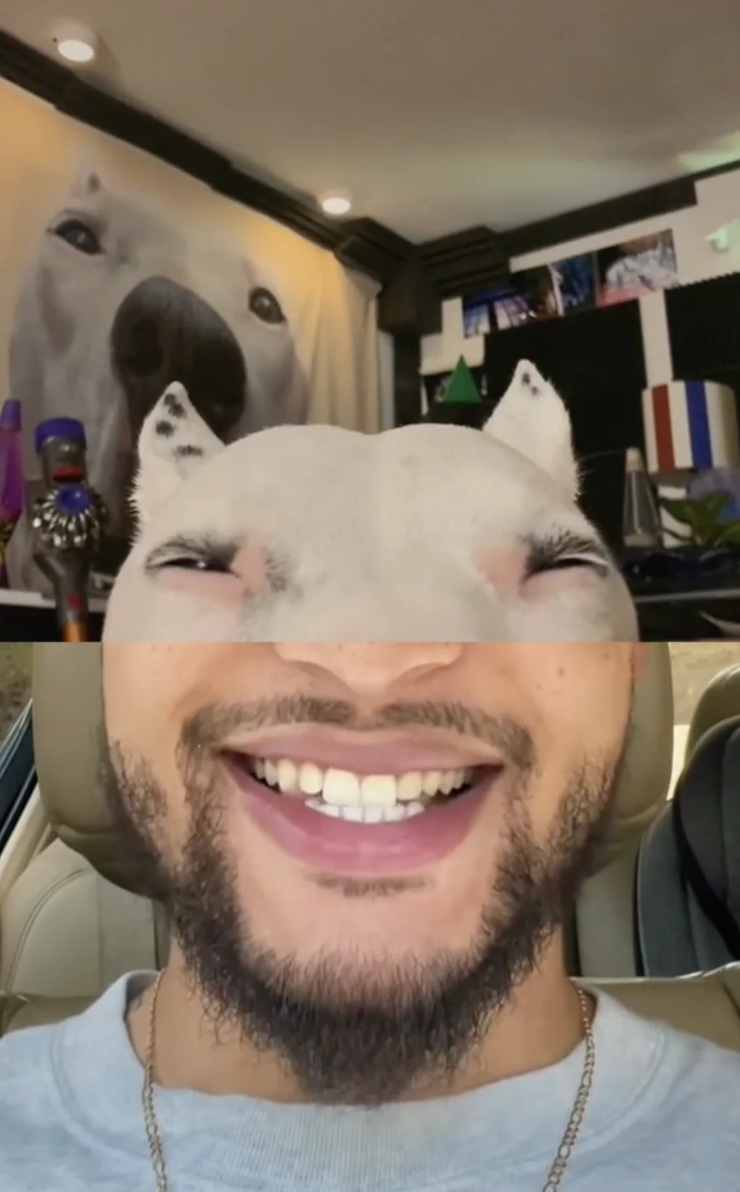 Enoch J TikTok Duets — Enoch J's smiling mouth edited onto a white dog's face with his car selfie beneath.